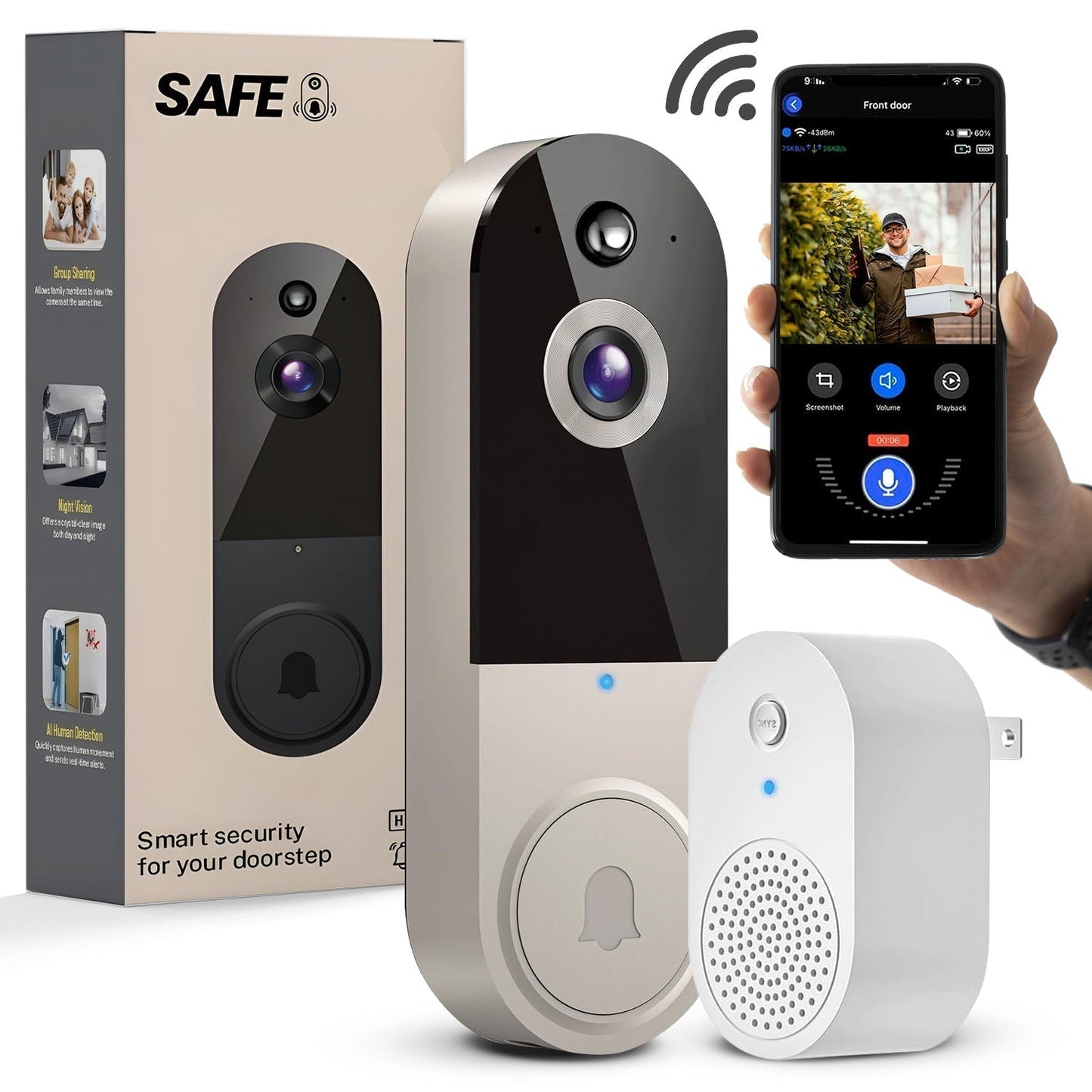 Basicxl | Trådløs videodørtelefon med AI-bevægelsesdetektering og lyd
