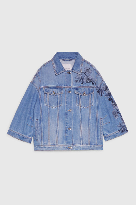 BASICXL OVERSIZE DENIMJAKKE MED BLOMSTERBRODERI