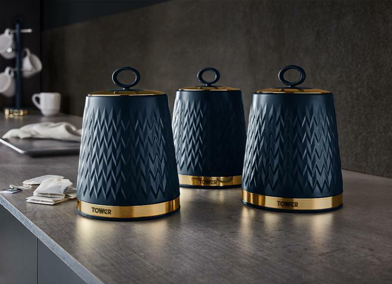 TOWER Empire Blue Jug Kettle, 4 Slice Toaster, Bread Bin & Canisters Matching Set in Midnight Blue with Brass Accents