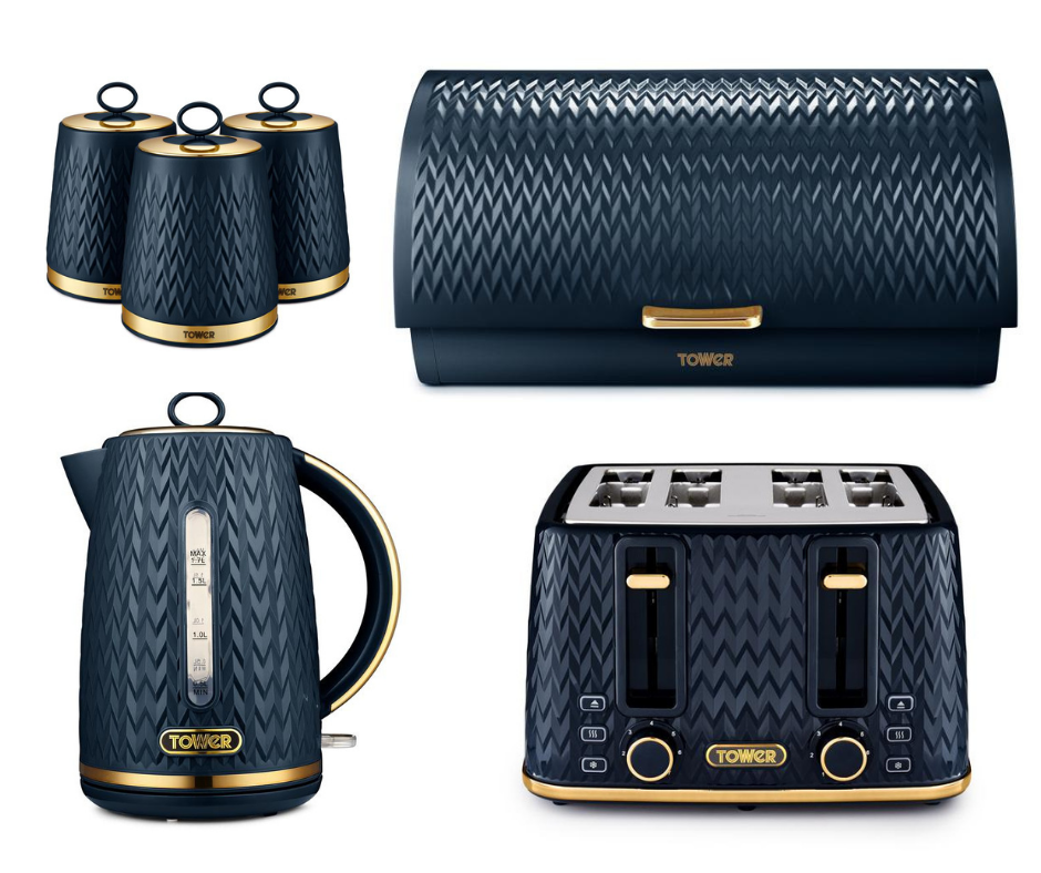 TOWER Empire Blue Jug Kettle, 4 Slice Toaster, Bread Bin & Canisters Matching Set in Midnight Blue with Brass Accents
