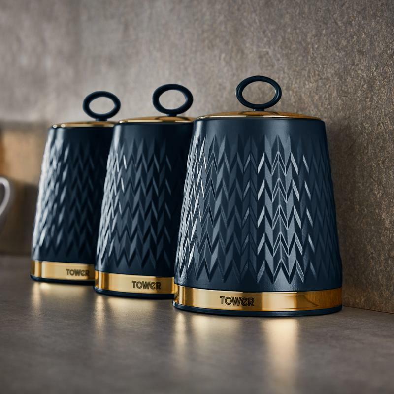 TOWER Empire Blue Jug Kettle, 4 Slice Toaster, Bread Bin & Canisters Matching Set in Midnight Blue with Brass Accents