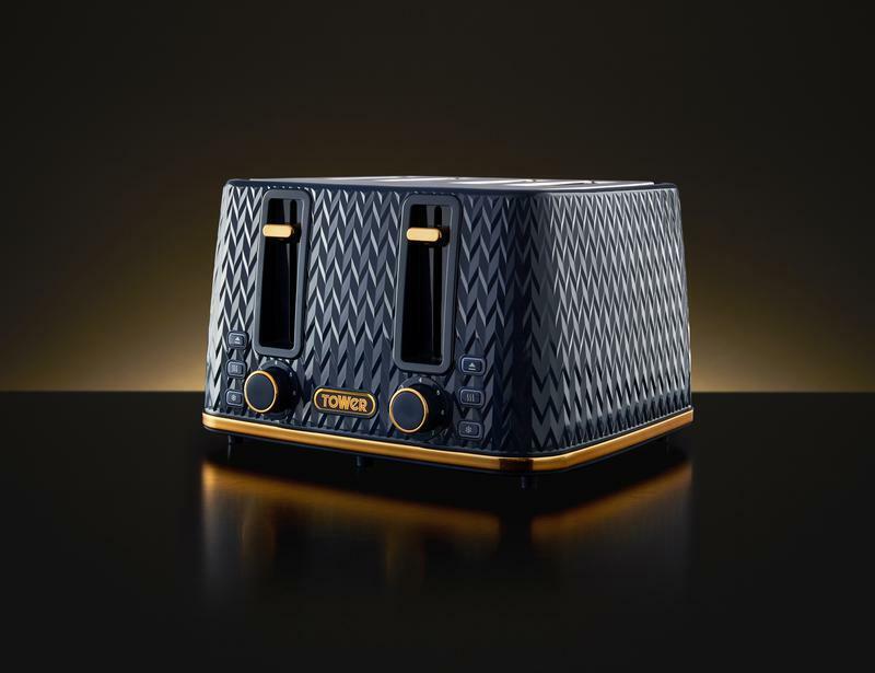 TOWER Empire Blue Jug Kettle, 4 Slice Toaster, Bread Bin & Canisters Matching Set in Midnight Blue with Brass Accents