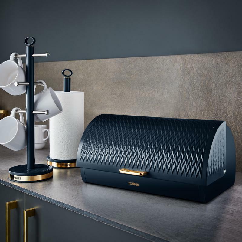 TOWER Empire Blue Jug Kettle, 4 Slice Toaster, Bread Bin & Canisters Matching Set in Midnight Blue with Brass Accents
