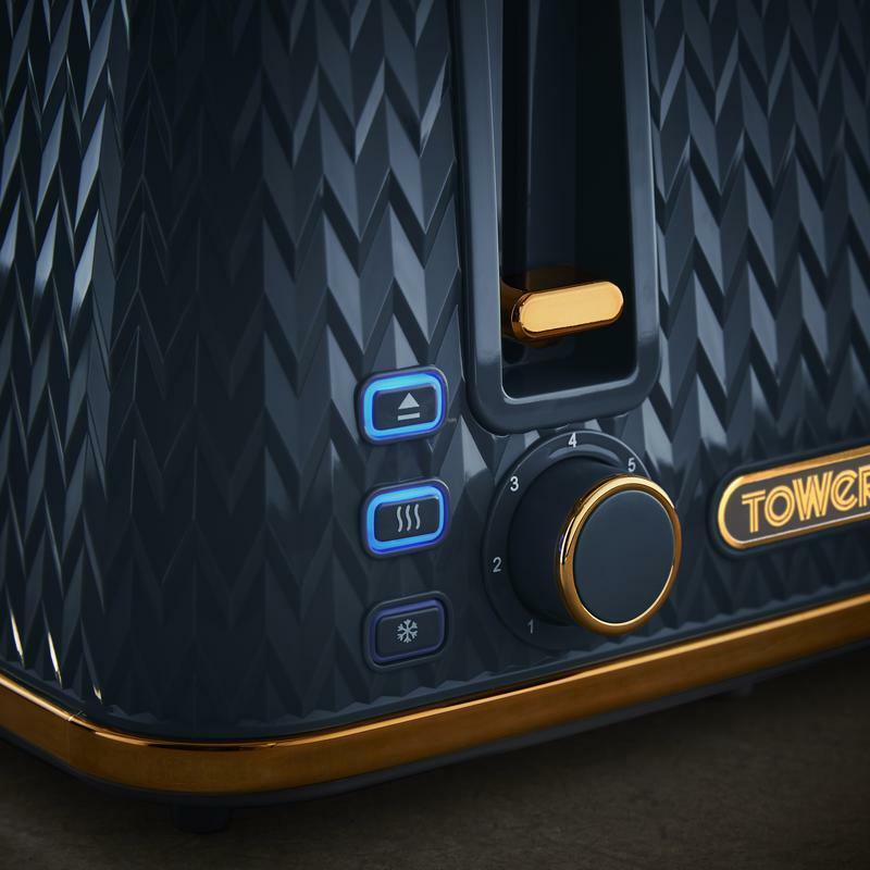 TOWER Empire Blue Jug Kettle, 4 Slice Toaster, Bread Bin & Canisters Matching Set in Midnight Blue with Brass Accents